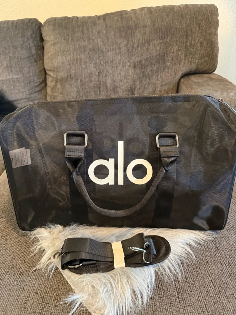 ALO Yoga Black Mesh Duffle Bag with White Logo